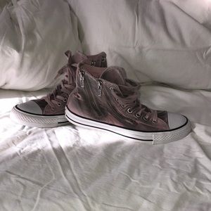 Gray and pink tie dye high top converse